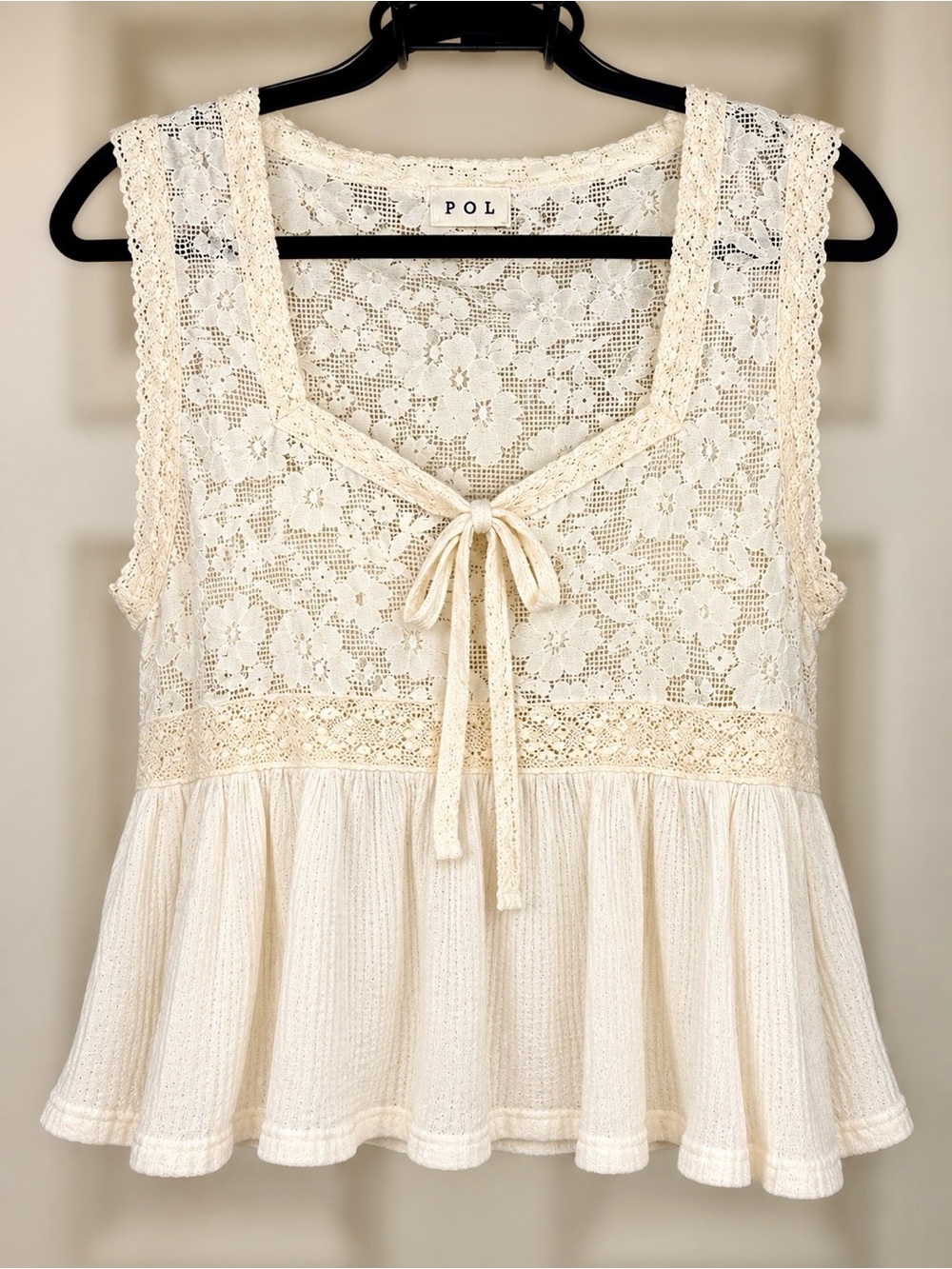 POL Cream Lace Ruffle 2 Piece Top Wide Leg Pants Boho Set M - Picture 10 of 12
